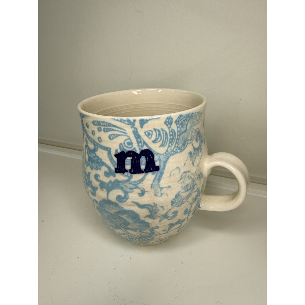 Anthropologie Homegrown Coffee Mug Monogram Letter M Blue White Koi & Floral